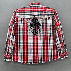 Patron Cito Mens L Plaid‎ Long Sleeve Button Up Shirt Western Cross Embroidered